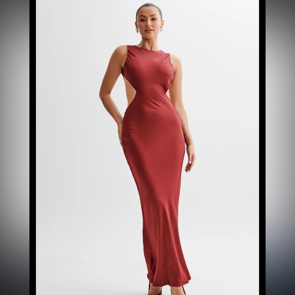 Meshki Electra Satin Cut Out Maxi Dress - Berry